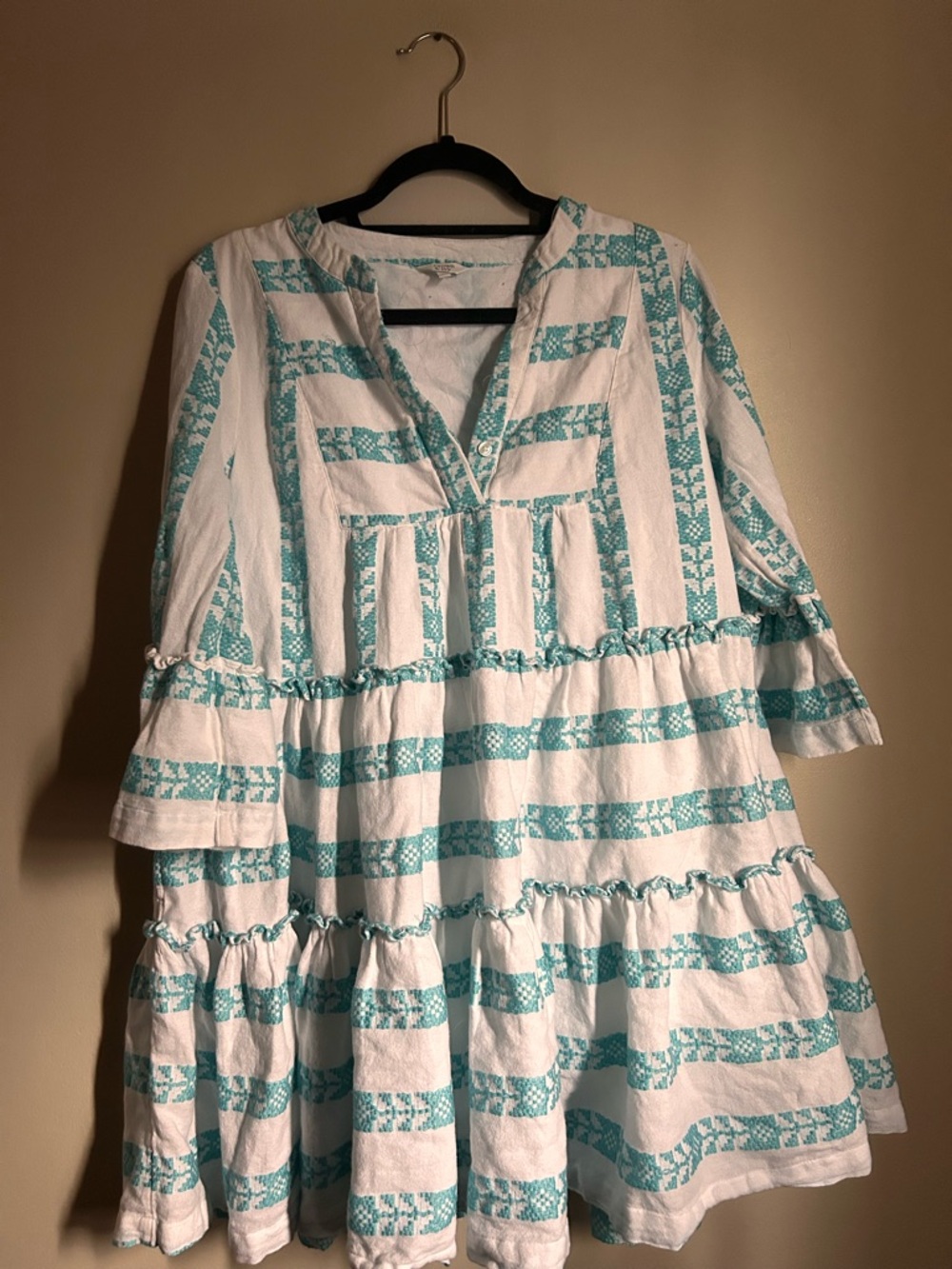 crown & ivy White Dress with Aqua Stripe Embroidery